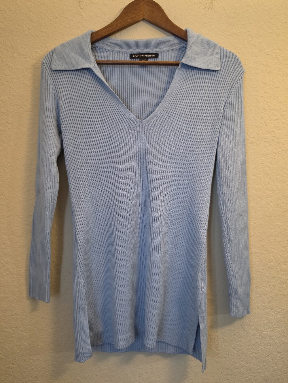 Boston Proper Ribbed Polo Knit Sweater Womens Size XS Light Blue Preppy Y2K